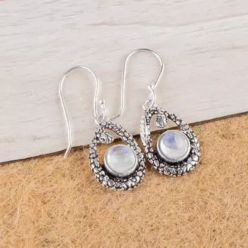 Rainbow Moonstone Gemstone 925 Sterling Silver Jewelry Dangle Earrings 1.38 CE-3-20