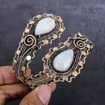 Rainbow Moonstone Gemstone Handmade Copper Wire Wrap Cuff Bangle Adjustable f2J83