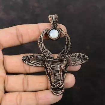 Подвеска Rainbow Moonstone, медная проволочная обертка, драгоценный камень, ювелирное изделие, кулон ручной работы, уникальное медное ювелирное изделие, кулон в виде головы быка, подарок для него