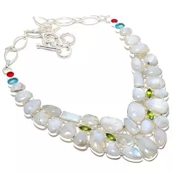 Rainbow Moonstone, Peridot, Blue Topaz Gemstone 925 Silver Necklace 18 JCN326-140