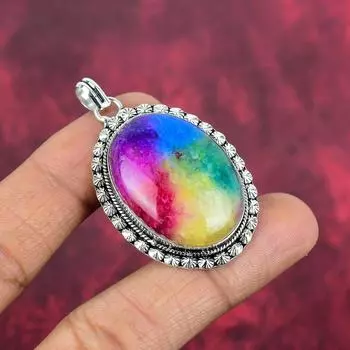 Rainbow Solar Quartz 925 Solid Sterling Silver Pendant, Handmade Gemstone Jewelry Pendant For Memorial Day 2.00 Inches разноцветный