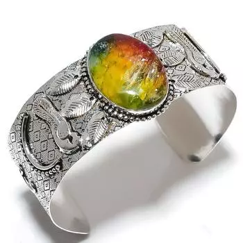Rainbow Solar Quartz Gemstone 925 Sterling Silver Cuff Bangle Adjustable D4J80