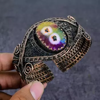 Rainbow Solar Quartz Gemstone Copper Wire Wrap Cuff Bangle Adjustable d0i92