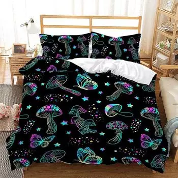 Rainbow Star Mushroom Bedding Set Single Twin Full Queen King Size Bed Set Aldult Kid Bedroom 3D Print Anime bed sheet set EU single(135x200cm)