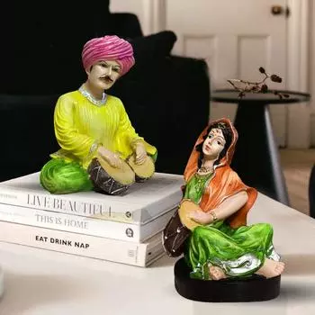 Rajasthani Traditional Musical Couple Resin Statues for Home Decor (Pack of 2, Multicolor)