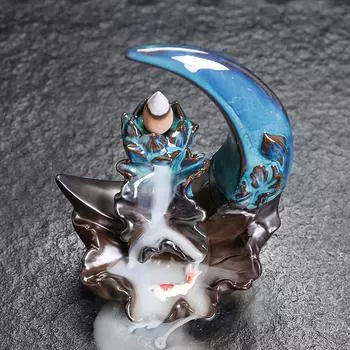 Ramadan Creative Ceramic Incense Burner with Backflow Waterfall Design for Home Decor, Moon and Lotus Pattern (Without Incense)