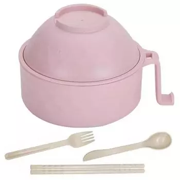 Ramen Bowl Spoon Fork Chopsticks Dinnerware Set with Lid & Handle (Light Pink)