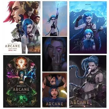 Рамка из цельного дерева Arcane League of Legends Плакат Игра Ролевая Джинкс Ви Джесс Ясуо Холст Картина Настенная картина Картина Бар Домашний декор Индивидуальный цвет 15*20cm(with frame)