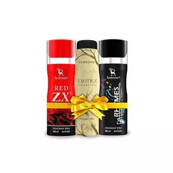 RAMSONS Deo Talc Combo | 1 дезодорант-спрей Red ZX - 200 мл | 1 дезодорант-спрей Rhymes - 200 мл | 1 парфюмированный тальк Exotica - 100 г | комбинированная упаковка из 3 шт.