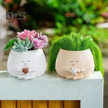 Растение для лица из смолы, мультяшный пьющий кофе, цветочный горшок, сидящая фигурка, суккулентное кашпо с дренажным отверстием для комнатных и уличных растений в горшках хаки