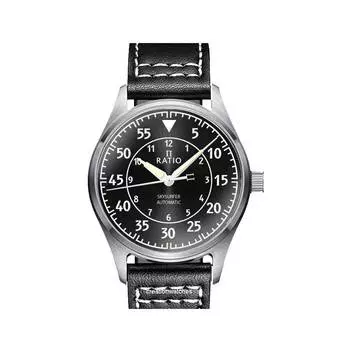 Ratio Skysurfer Pilot Black Sunray Dial Leather Automatic RTS321 200M Мужские часы чёрный
