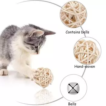 Rattan cat ball, faux feather fun toy, bell, interactive ball, pet supplies, 2 pcs. бежевый