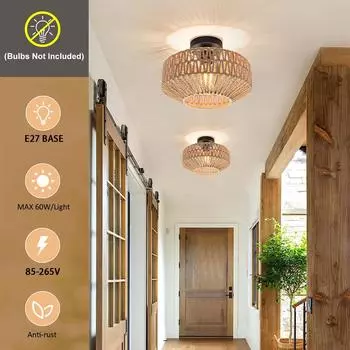Rattan Wicker Ceiling Light Pendant Lamp Shade Home Room Decor Entrance Lustre Bamboo Wood Art Suspended Chandelier Luminaire