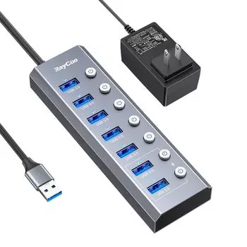 RayCue USB Hub Hub 7 портов 5 Гбит/с высокоскоростной USB-концентратор компактный с автономным питанием и независимым выключателем адаптер переменного тока в комплекте блок питания алюминиевый корпус чёрный