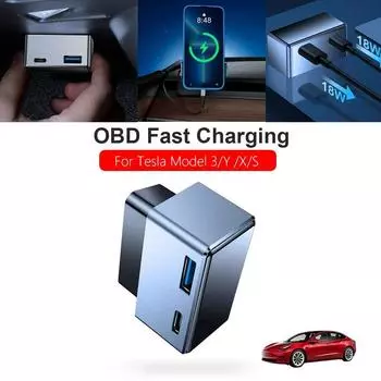 Разъем OBD для Tesla Model 3 YXS, удлинитель портов для телефона PD, быстрая зарядка, USB Type-C, настенное зарядное устройство с двумя головками, OBD2, адаптер-сплиттер