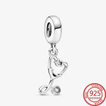 Real 925 Sterling Silver Romantic Love ,Heart Stethoscope Charms Fit Original Brand Bracelet Jewelry S925 Jewelry