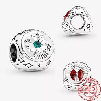 Real New S925 Sterling Silver Clover ,Horseshoe and Ladybug Three Sided Charm Fit Fashion Bracelets Diy Jewelry Gifts for Girls