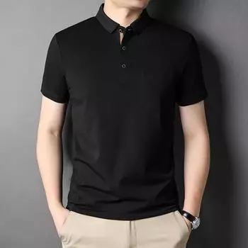 Real Pocket Short-sleeved T-shirt Mulberry Silk Ice Silk Half-sleeved Men s Tops Middle-aged Men s Dad Summer Wear Lapel Polo Shirt M синий