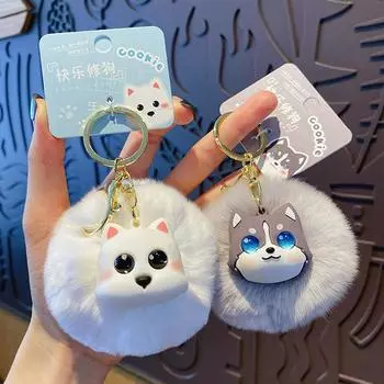 Real Rex Rabbit Fur Cute Round Ball Funny Dog Keychain Backpack Pendant Cartoon Kawaii Furry Ball Keyring Charms Girls Gift