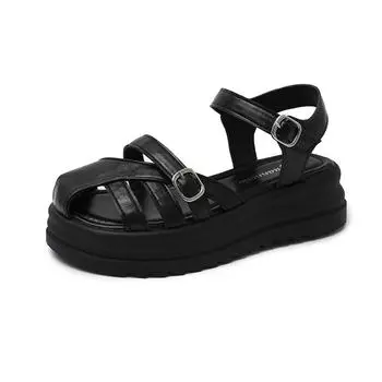 Real soft leather bag head sandals women s summer new platform versatile shoes with skirts 35 чёрный
