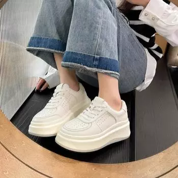 Real soft leather little white shoes for women s autumn new round head lace-up muffin thick sole to increase the height of casual versatile women 35