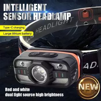 Rechargeable LED Headlamp Sensor Headlight With COB and LED Beads 6 Lighting Modes White and Red Light Fishing Light