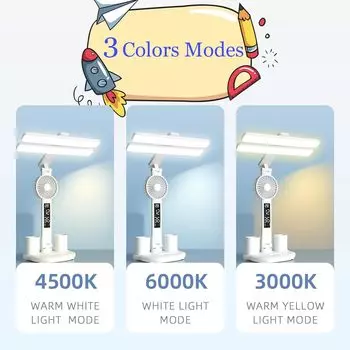 Rechargeable Table Lamp for Study Desk Lamp Reading Light Dimmable Led Table Light with Fan Led Clock Dispaly Study Reading Lamp Plug in