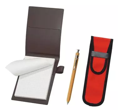Recycled cowhide mini notebook cover brown with cloth pencil case red wood powder mechanical pencil LS022PC-NK02R-FB116