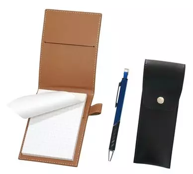 Recycled Cowhide Mini Notebook Cover Mocha Round Button Pencil Case with Black Metal Color Mechanical Pencil Blue LS022PM-BRSB-SI2067SP-L