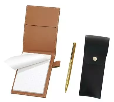 Recycled cowhide mini notebook cover Mocha with round button pen case black Brass hexagonal rotating gold ballpoint pen set Gold LS022PM-BRSB-6KSBP-K