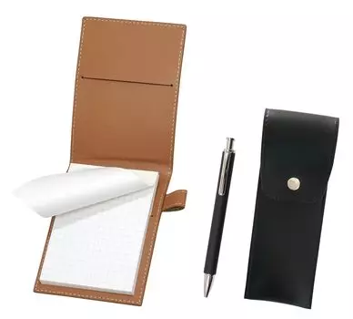 Recycled cowhide mini notebook cover Mocha with round button pen case black extruded rubber shaft brass knock ballpoint pen set black