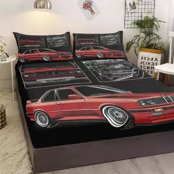 Red Car Pattern 3-Piece Bed Set For Resumption Of Work, With Two Pillowcases, Suitable For Living Room And Bedroom (Fun, Retro) 99cmx199cm