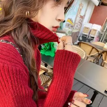 Red Christmas Sweater Women s Fall/winter Loose Base Sweater Pile Neck with A High Neck Knit Top S