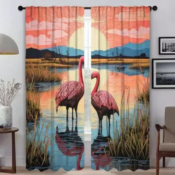 Red-crowned Crane Partition Tulle for Bedroom Kitchen Curtains for Camera Modern Living Room Curtains 2 Pieces Shades Curtain W50xH70cmx2pcs-CL