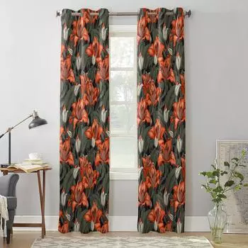 Red Flowers Foliage Modern Window Curtains for Living Room Bedroom Curtain Kitchen Treatment Blinds Drapes 135W x 60H(cm) x1