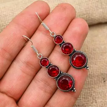 Red Garnet Gemstone Handmade 925 Sterling Silver Earring Amazing Jewelry Gift For Her