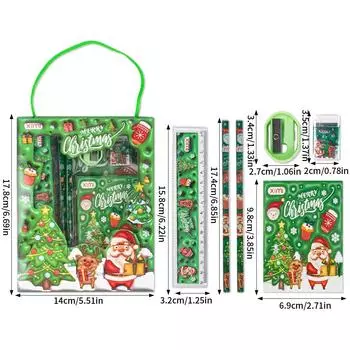 Red Green Santa Xmas Tree Pattern Gift Box with Pencil Eraser Note Book Christmas Stationery Favor Pack Set for Christmas 2024 14x17.8cm красный