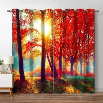 Red Maple Leaf Fall Lake Ocean Trees 3D Curtains 2 Panels Office Living Room Kitchen Bedroom Balcony Window Decor Curtains 50W130H(CM)X2PCS&Grommet Top