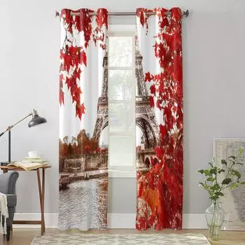 Red Maple Leaf Tower Oil Painting Window Curtain Bedroom Living Room Window Drapes Kitchen Decoration Blinds Curtain 135W x 60H(cm) x1