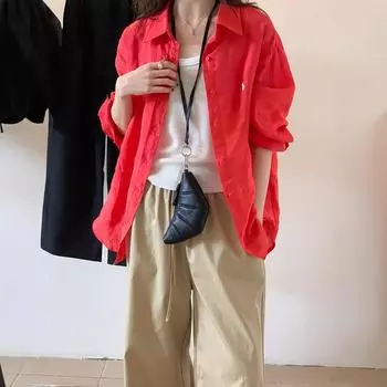 Red Retro Ramie Long-sleeved Sunscreen Shirt Women s Spring and Summer New Lazy Loose Versatile Lapel Shirt S белый