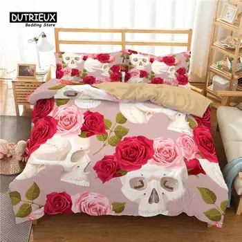 Red Rose Skull Floral Bedding Set Skeleton Flowers Green Leaves Print Duvet Cover Horror Theme Comforter Cover With Pillowcases EU single(135x200cm)