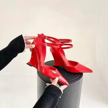 Red Sexy Women s Pointed Toe High Wedge Sandals 2024 Designer New Party Dress Shoes 35 чёрный