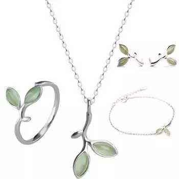 Reeti Boho модные опаловые комплекты ювелирных изделий из стерлингового серебра 925 пробы с зелеными листьями, ожерелья, браслет, кольцо для женщин, эффектные ювелирные изделия 45cm