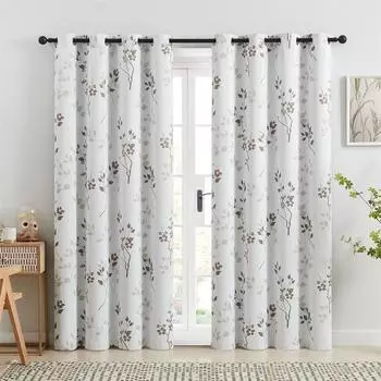 Refreshing Floral Print Pattern Curtains Blue Brown Floral 2 pcs Living Room Bedroom Kitchen Balcony Blackout Decor 50W130H(CM)X2PCS&Grommet Top