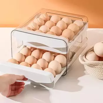 Refrigerator egg storage box drawer-type storage double-layer pull-out box for egg preservation large capacity 32 compartments серый