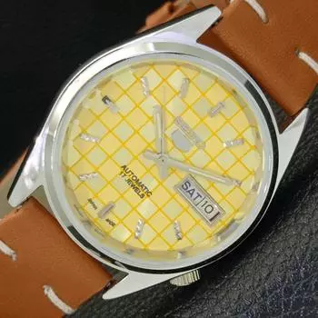 REFURBISHED AUTOMATIC SEIKO 5 MENS WATCH JAPAN MADE YELLOW DIAL CUSTOM a440119-2 QV90-a440119