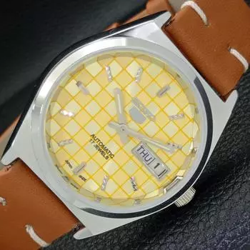 REFURBISHED SEIKO 5 AUTOMATIC MENS WATCH JAPAN MADE YELLOW DIAL CUSTOM a440055-2 QV90-a440055