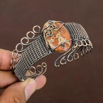 Регулируемый браслет из медной проволоки из натуральной леопардовой кожи с яшмой ручной работы B3z53