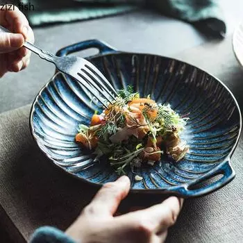 Relief Stripe Ceramic Double Ear Plate Salad Plate Dessert Plate Snack Plates Restaurant Molecular Cuisine Creative Tableware