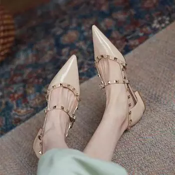 Ремешок на щиколотке с вырезом D orsy заклепки Rockstud лакированная кожа заклепки балетки Т-образный ремешок пряжка прогулочные мягкие женские туфли дорожный размер 35-40 35 бежевый